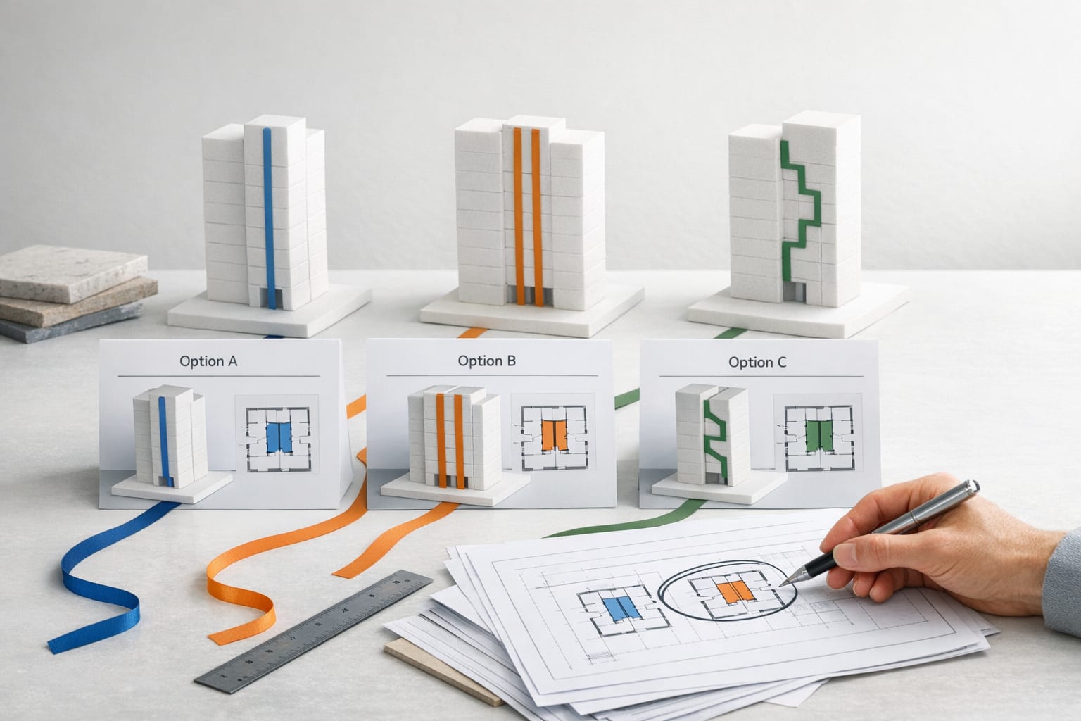 Elevator alternatives represented as physical building options during technical planning