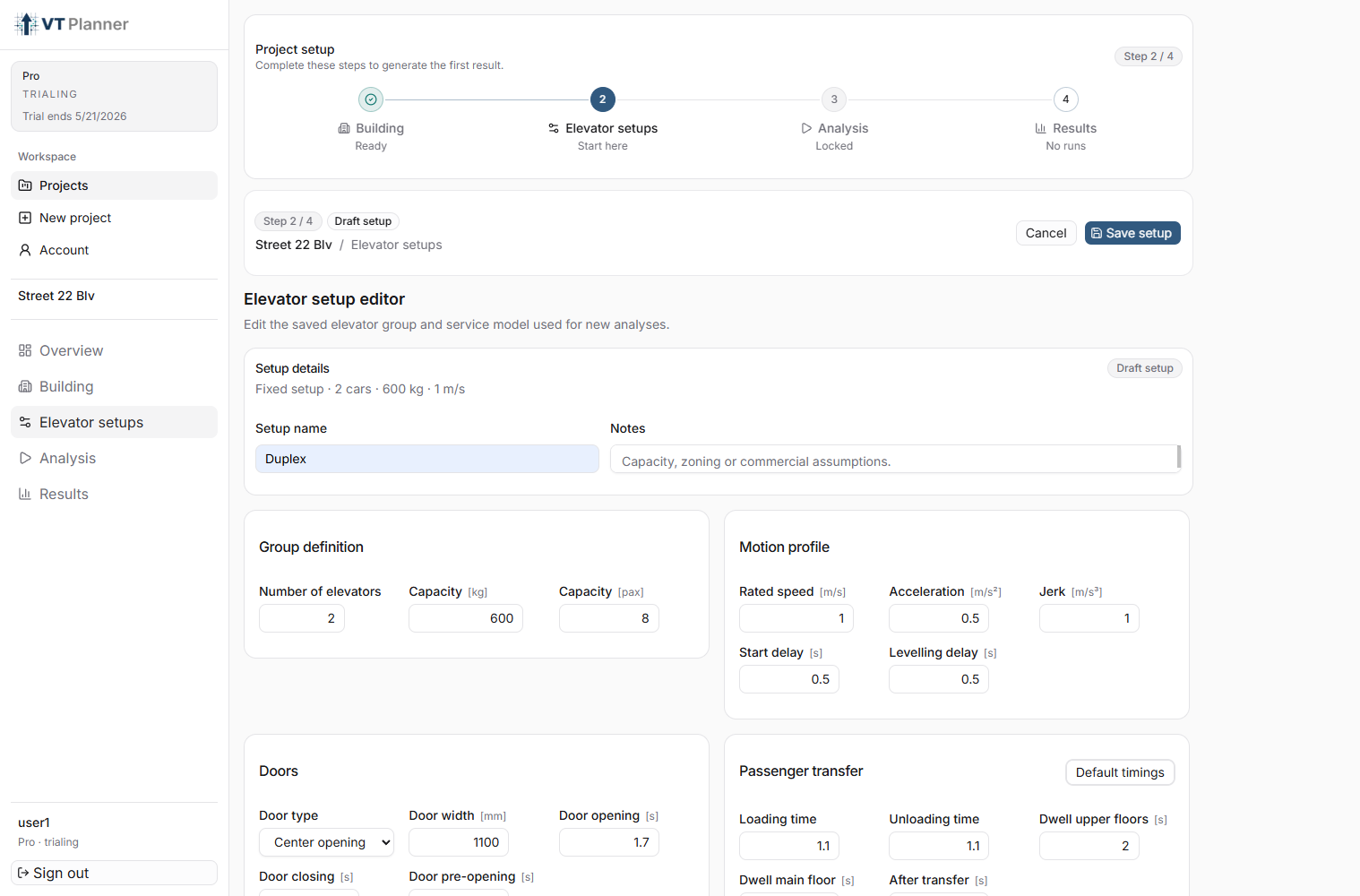 VT Planner elevator setup screen for configuring elevator capacity, speed, doors, dispatch assumptions, and service parameters