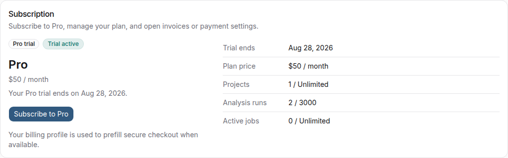 Account subscription section with plan status and usage