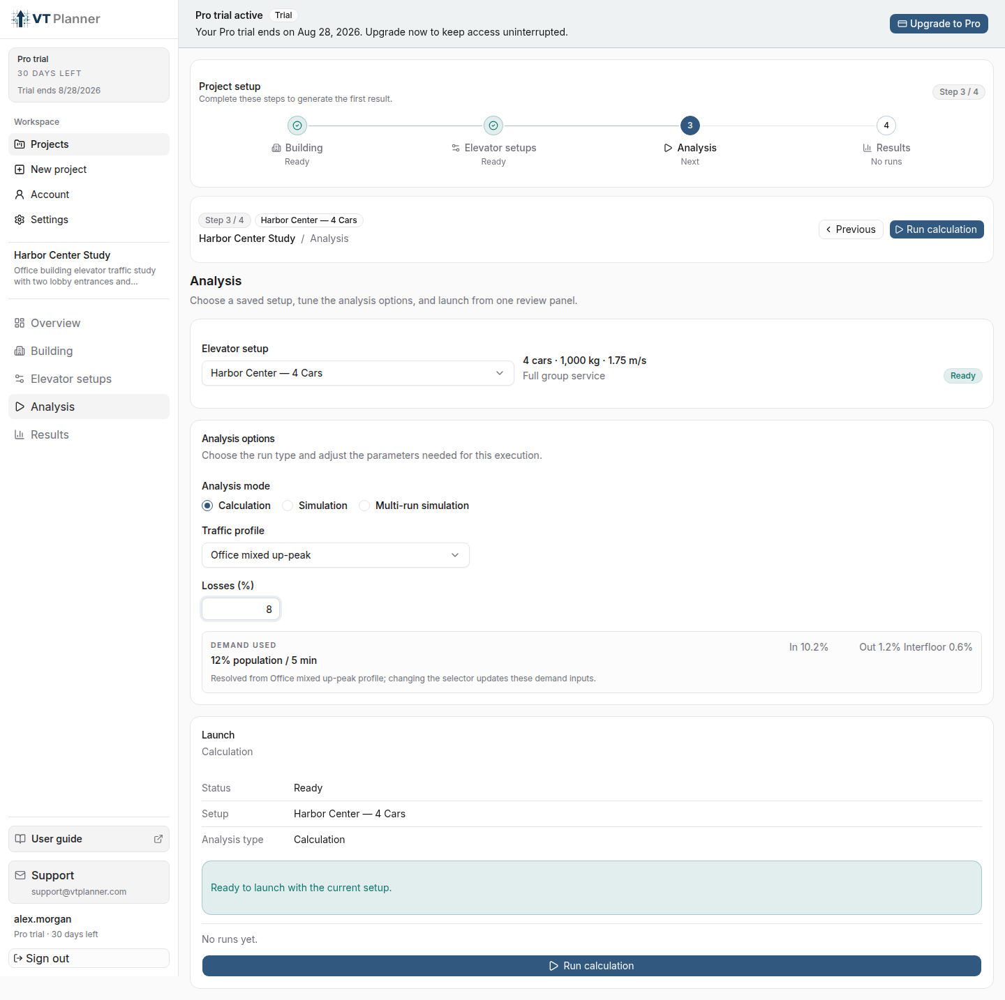 Calculation analysis form with a saved setup, traffic profile, losses, demand summary, and ready launch panel