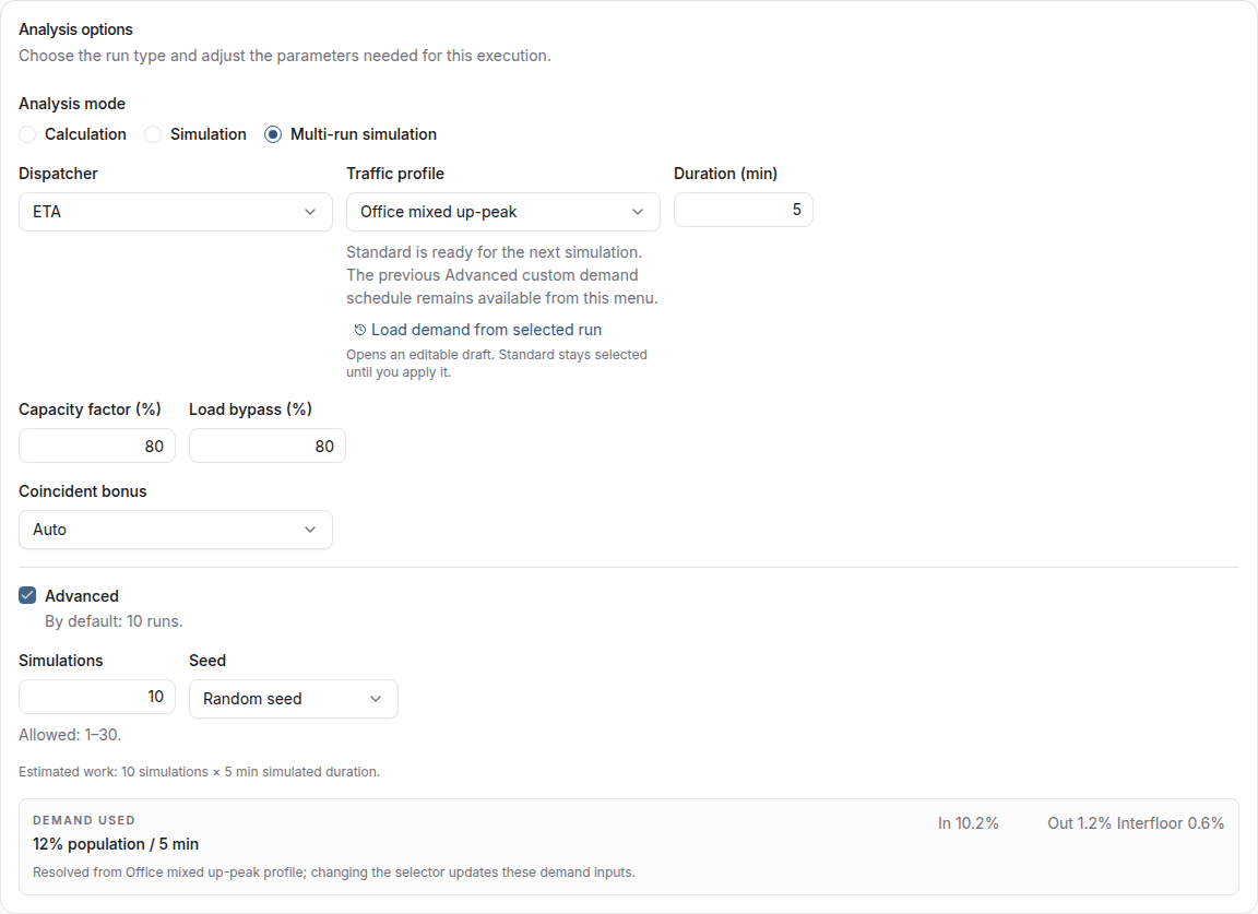 Multi-run analysis options with the advanced multi-run controls enabled, simulation count, seed policy, demand summary, and displayed account limit