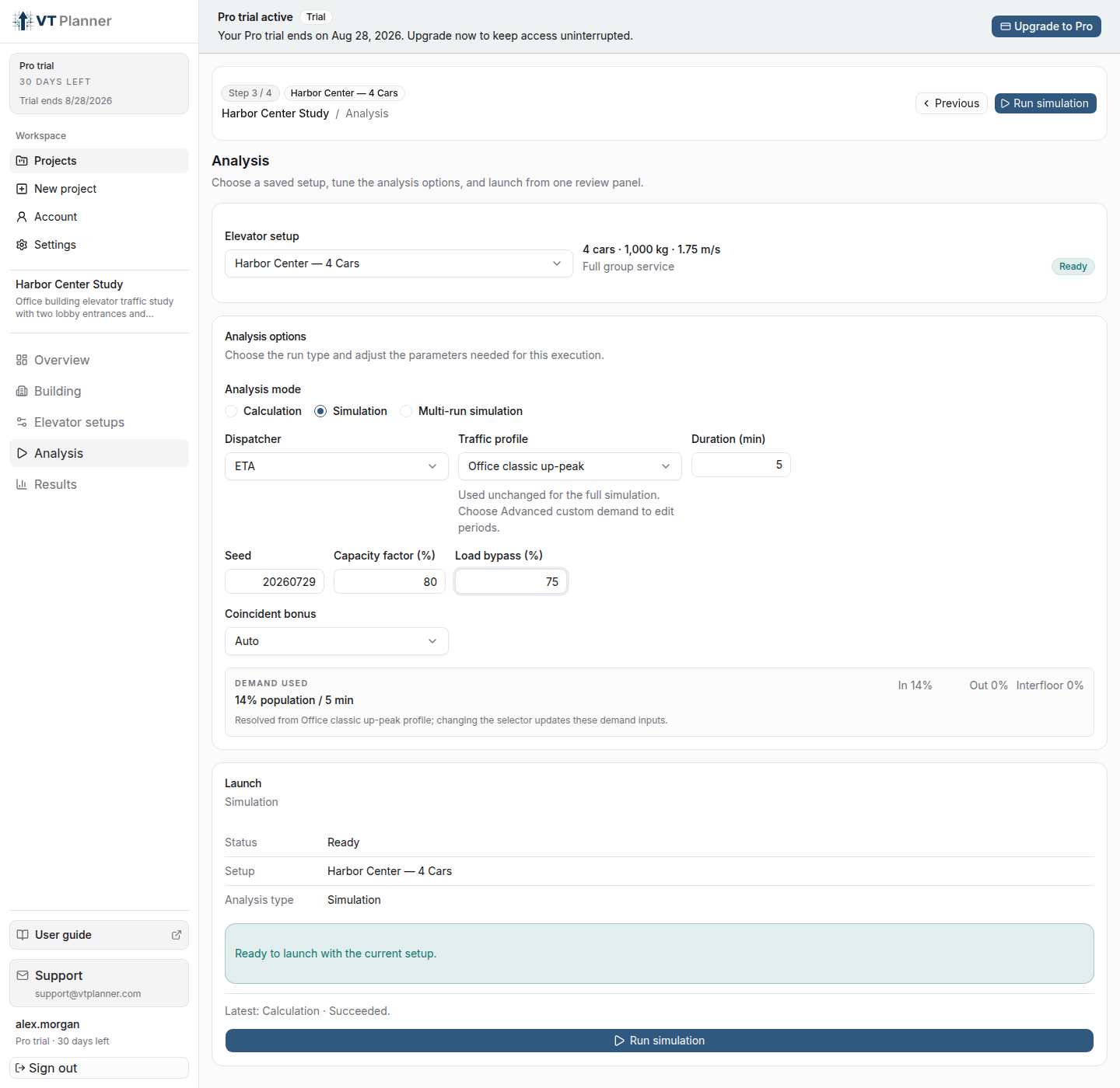 Simulation analysis form with dispatcher, traffic profile, duration, seed, capacity, and load controls