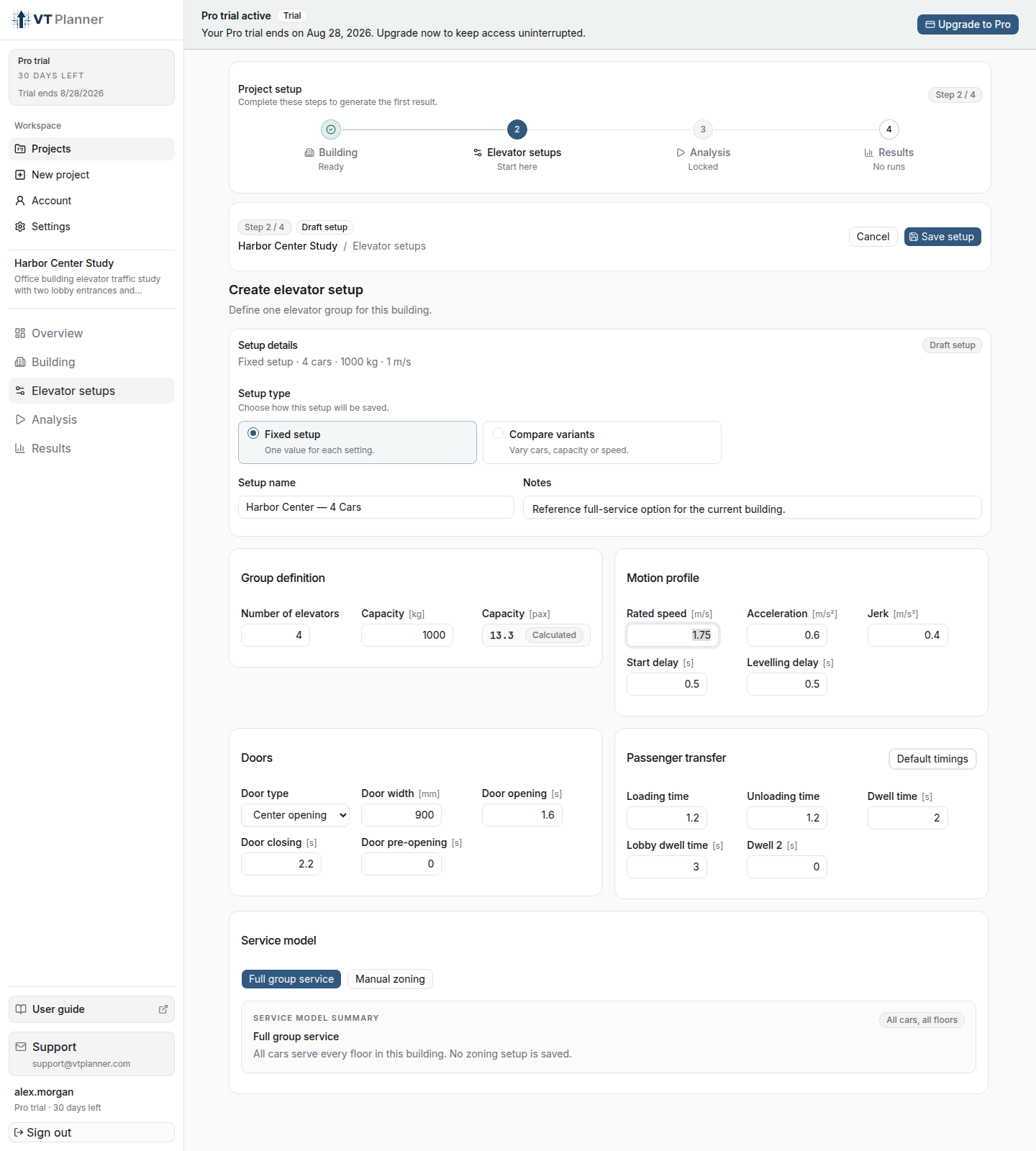 Fixed elevator setup editor with group, motion, door, and service settings