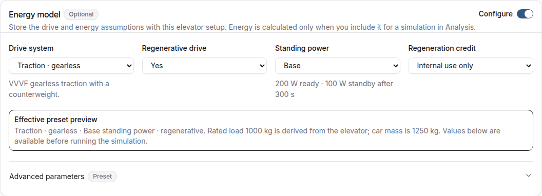 Energy model configuration with drive, regeneration, standing-power, and export-credit choices
