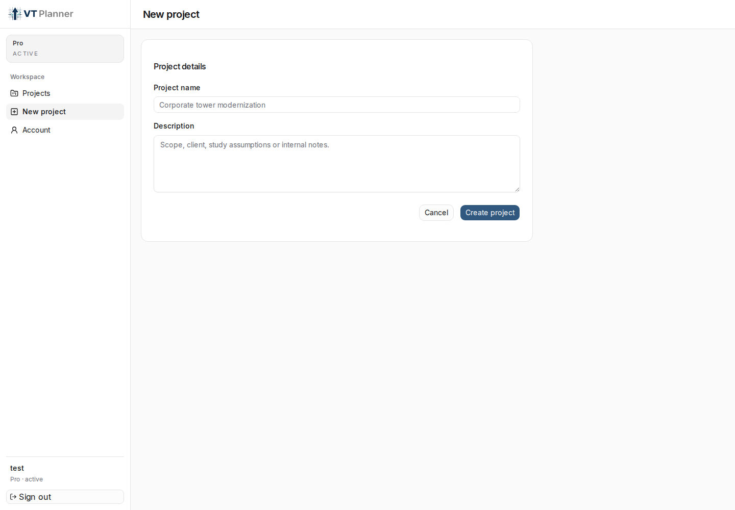 Project creation form