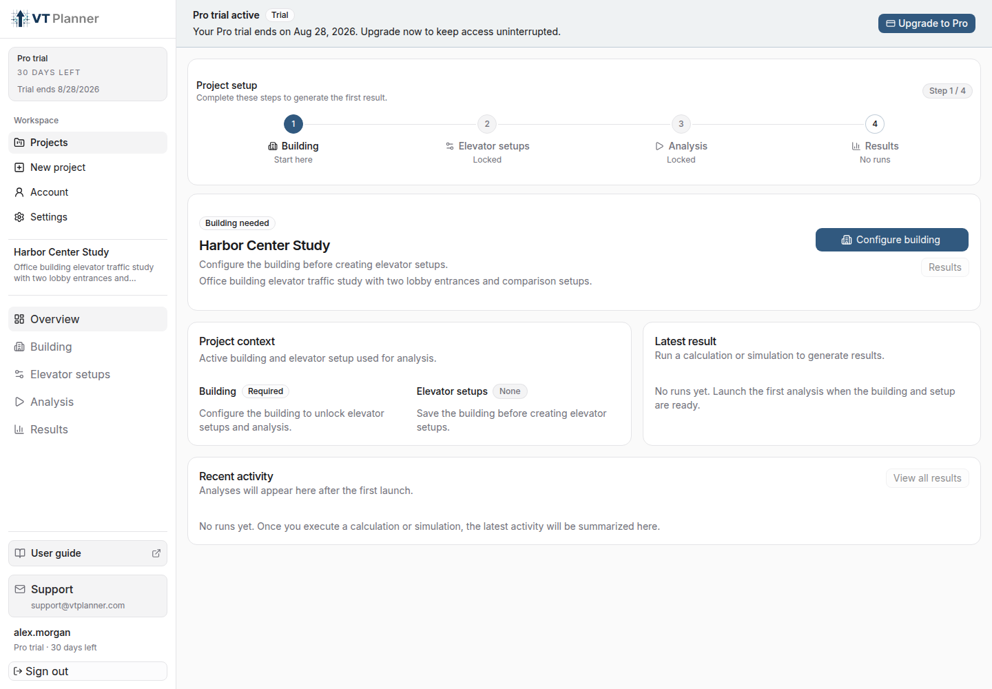VT Planner project overview with setup progress and recent activity