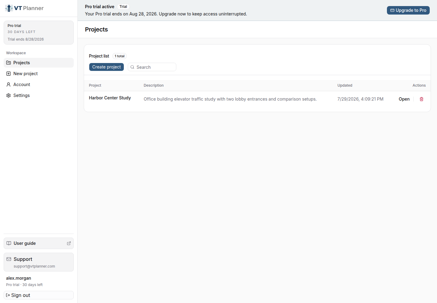 VT Planner project list with search and project actions