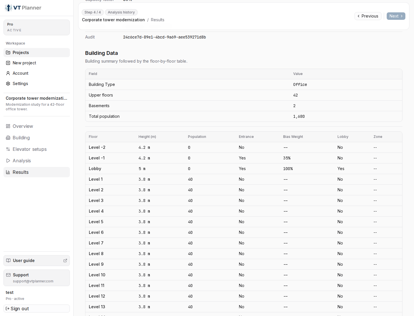 Building data in a VT Planner report showing entrance floors and bias weights