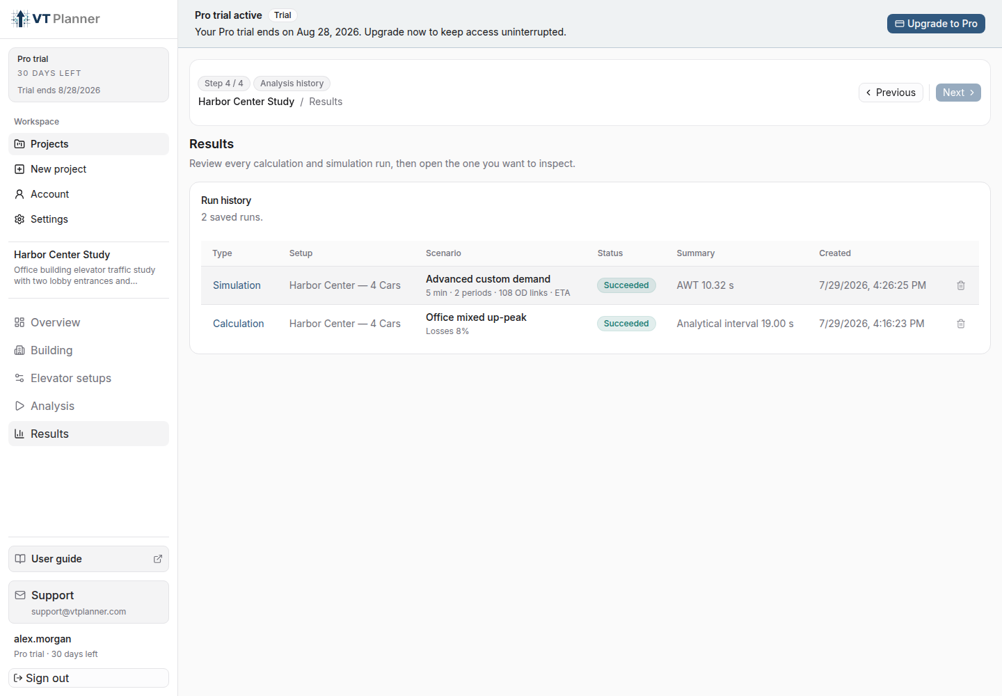 Project Results page with successful Advanced simulation and calculation rows