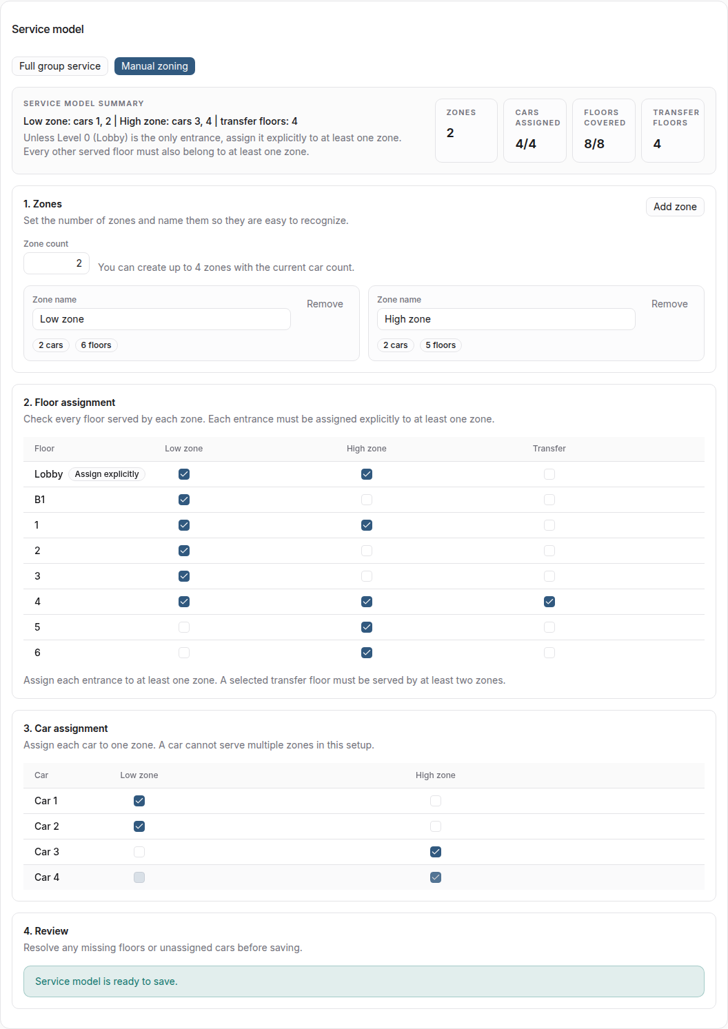 Manual service zones with a shared transfer floor in the floor assignment table