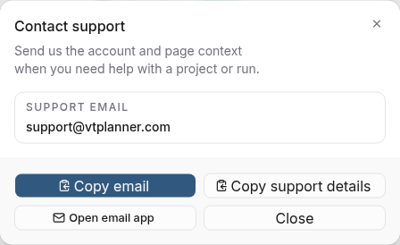 VT Planner support dialog with support details and contact actions